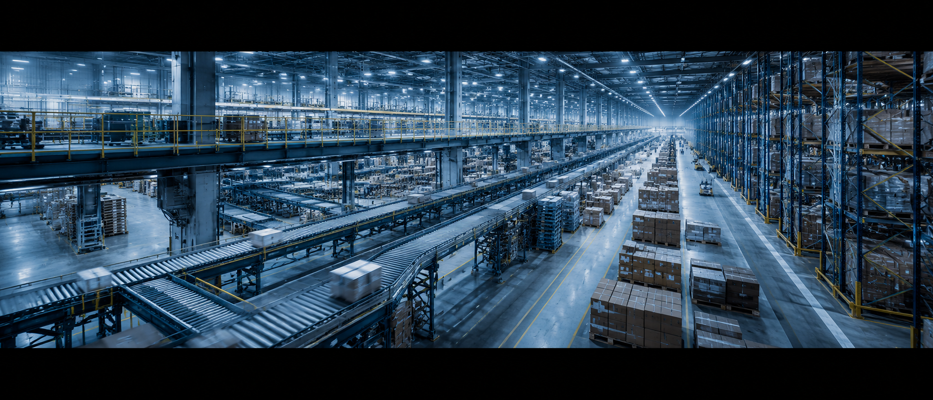 Centro de distribuição logístico com esteiras e estoque