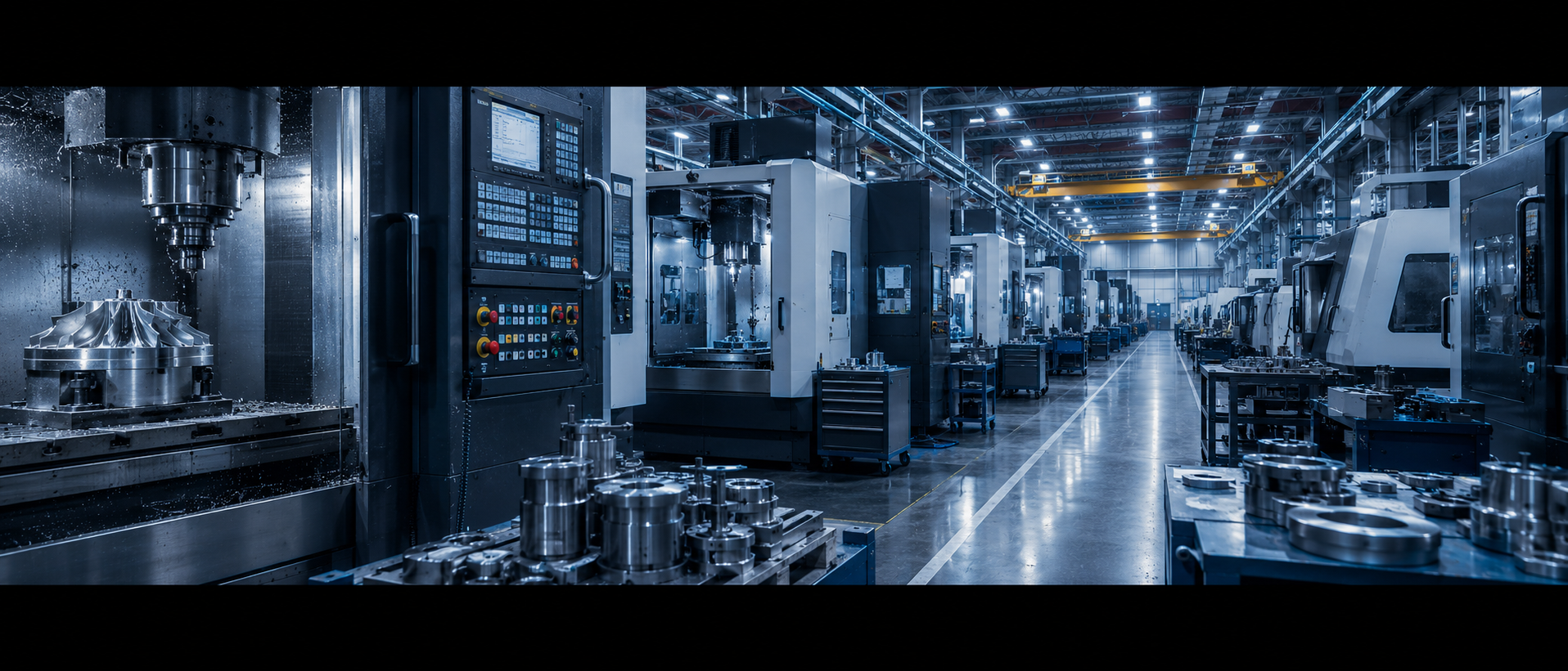 Linha de centros de usinagem CNC em indústria metalúrgica
