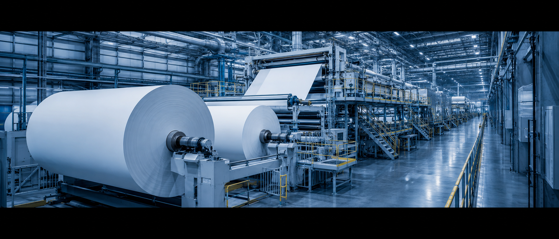 Máquina de papel industrial em operação contínua
